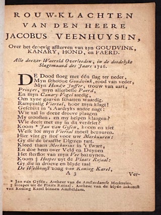 Rouw-Klachten van den Heere Jacobus Veenhuysen. Beneevens de Lof der Jenever, Eerste en Tweede Deel. Amsterdam: Printed for the author, 1723.
